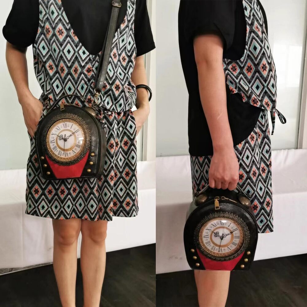 6626 PVC Clock Shaped Handbag Crossbody Shoulder Bag Clock Purse, 1 Black - Picture 2 of 7